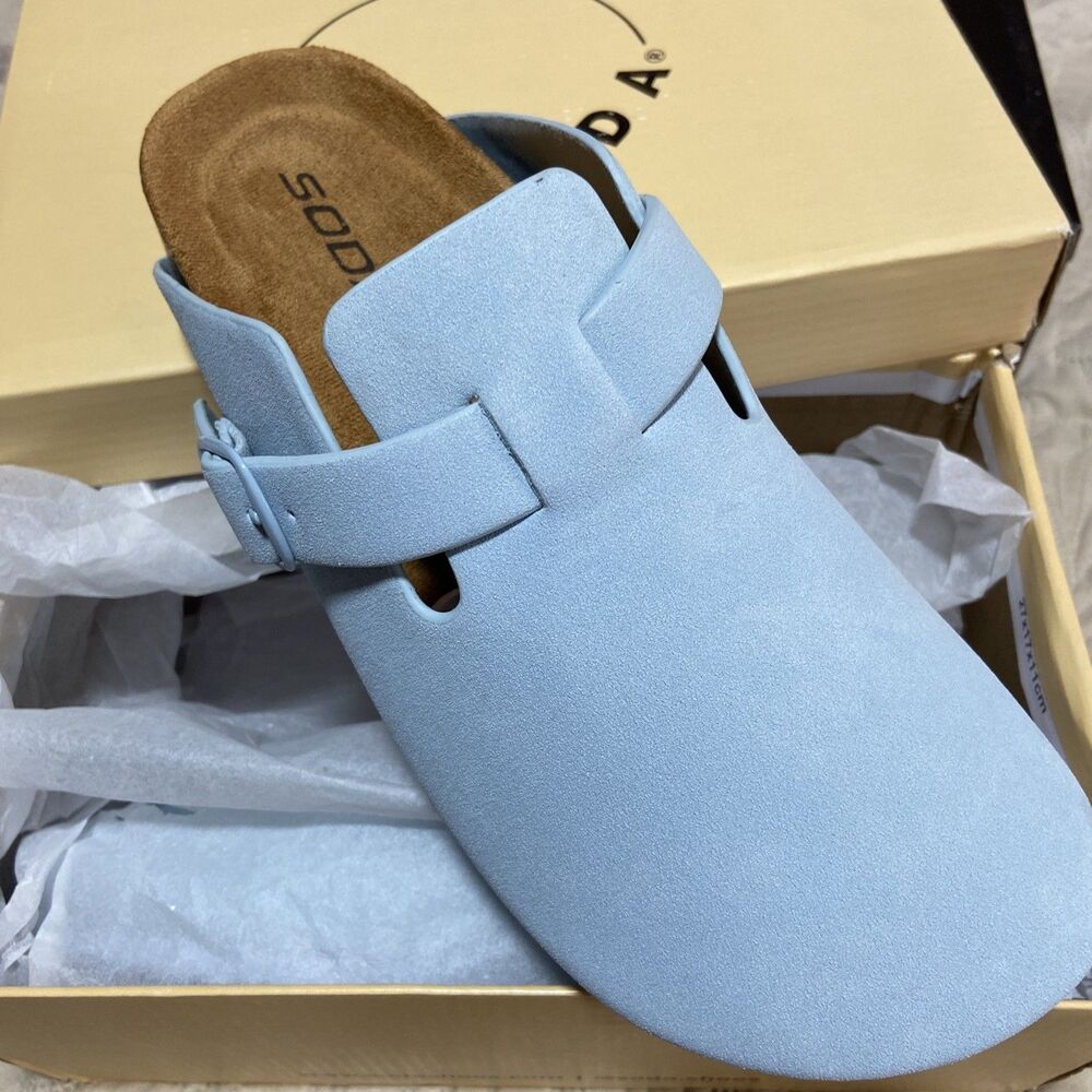 Soda Faux Suede Buckle Strap Clog Mules Shoes Women Slip On Flat Size 8 Blue New